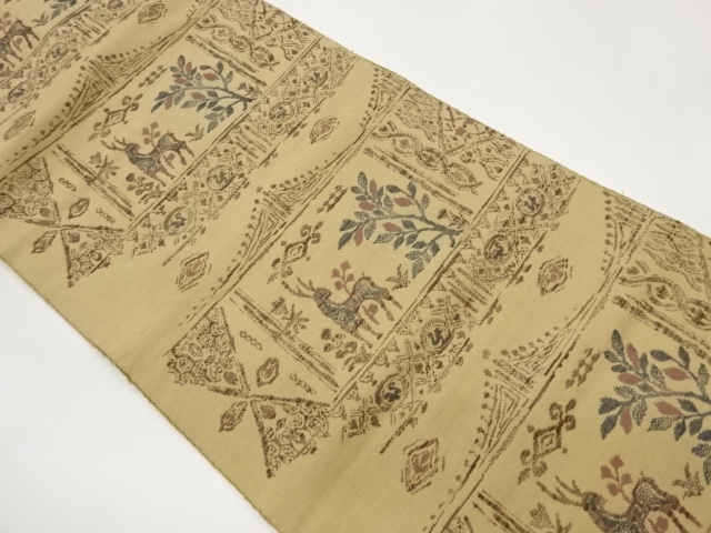 鹿に草葉・横段模様織出し名古屋帯